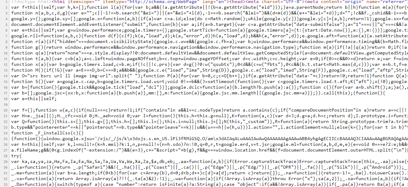 What is shown when "View Source" for Google homepage. It is a page full of code
