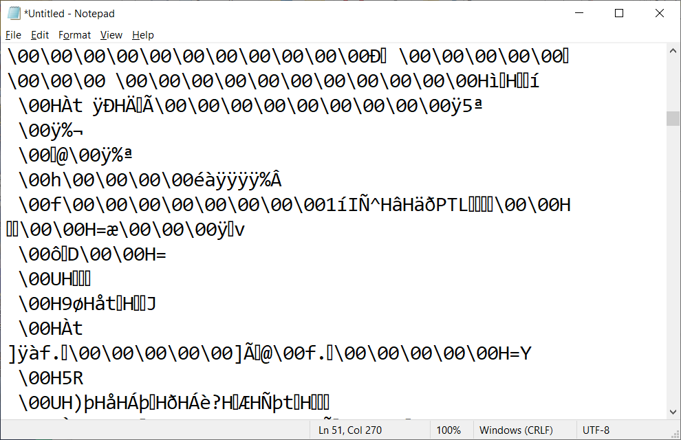 I opened helloWorld.exe in notedpad, and the contents of the file appear to be random unintelligible characters
