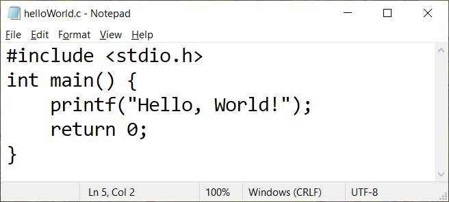 A screenshot of notepad with the helloWorld.c source code