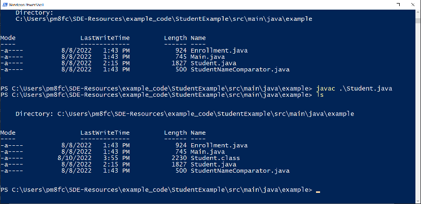 A terminal window showing after I compile Student.java that there is now a class called Student.class