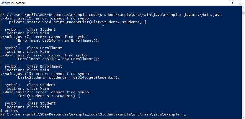 When I try to compile Main.java, I get a compiler error saying Java can't identify a class called Student or Enrollment